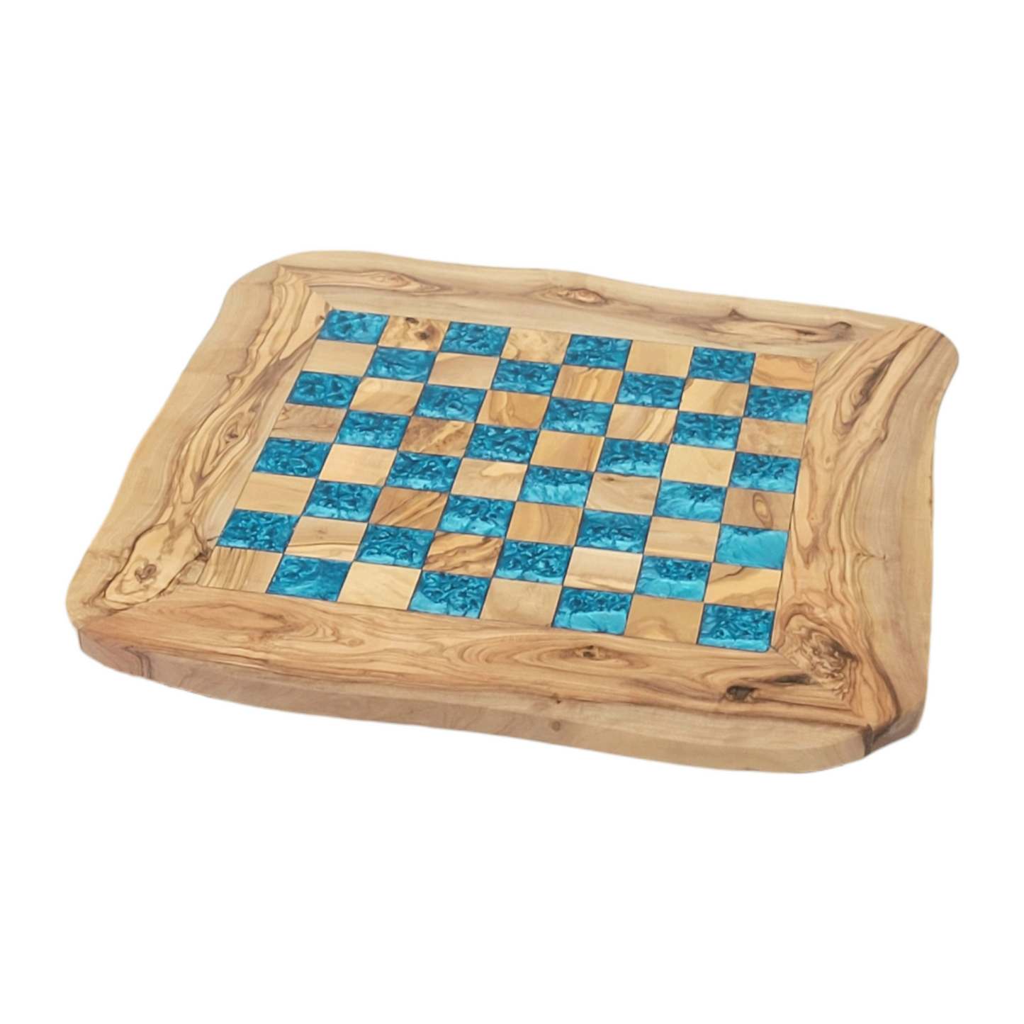 Olive Wood and blue Resin Chessboard with natural edges and Playing Pieces