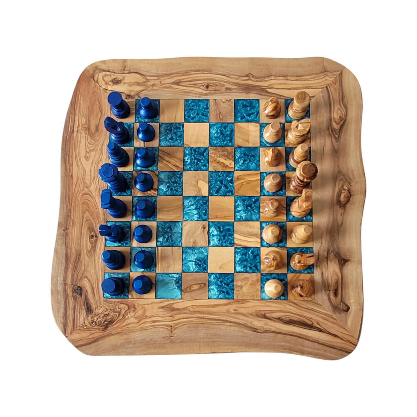 Olive Wood and blue Resin Chessboard with natural edges and Playing Pieces