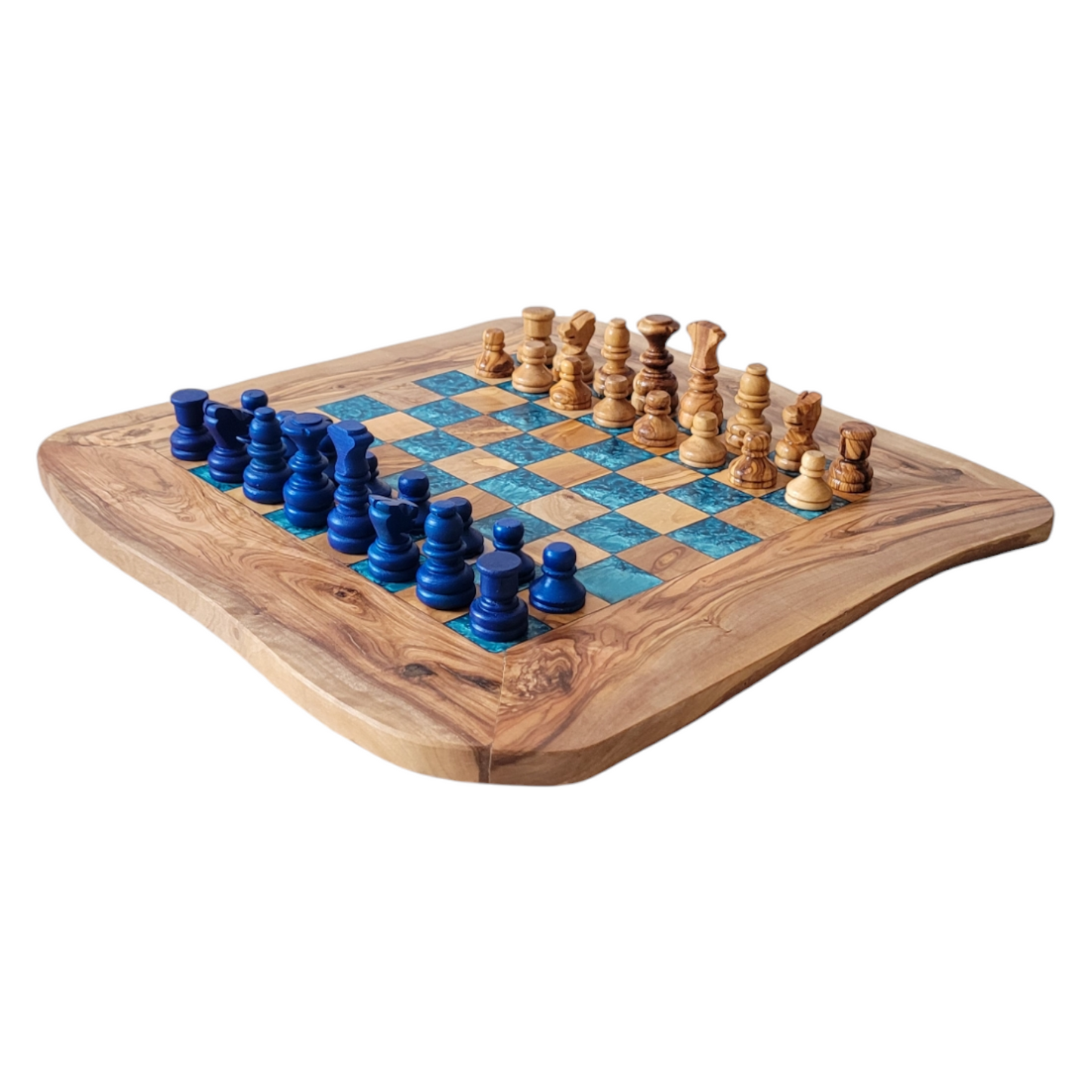 Olive Wood and blue Resin Chessboard with natural edges and Playing Pieces