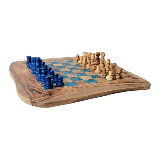 Olive Wood and blue Resin Chessboard with natural edges and Playing Pieces