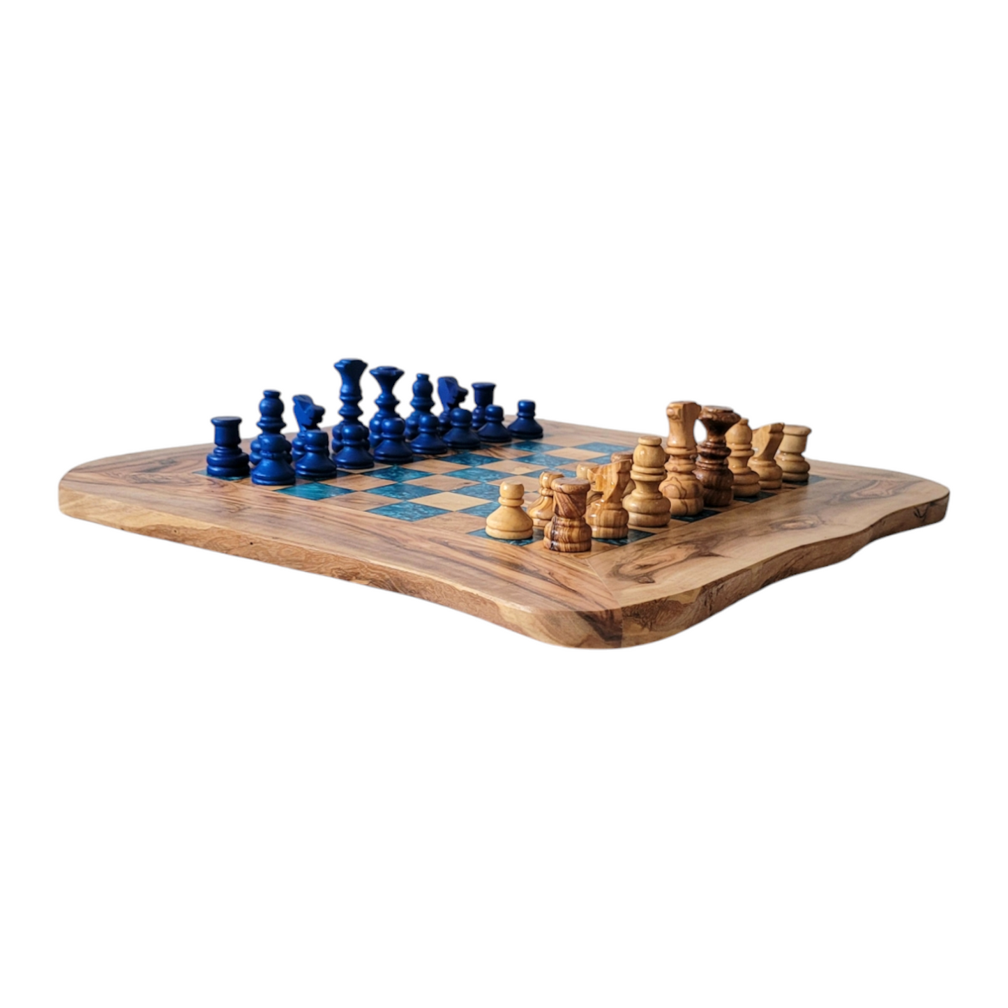 Olive Wood and blue Resin Chessboard with natural edges and Playing Pieces