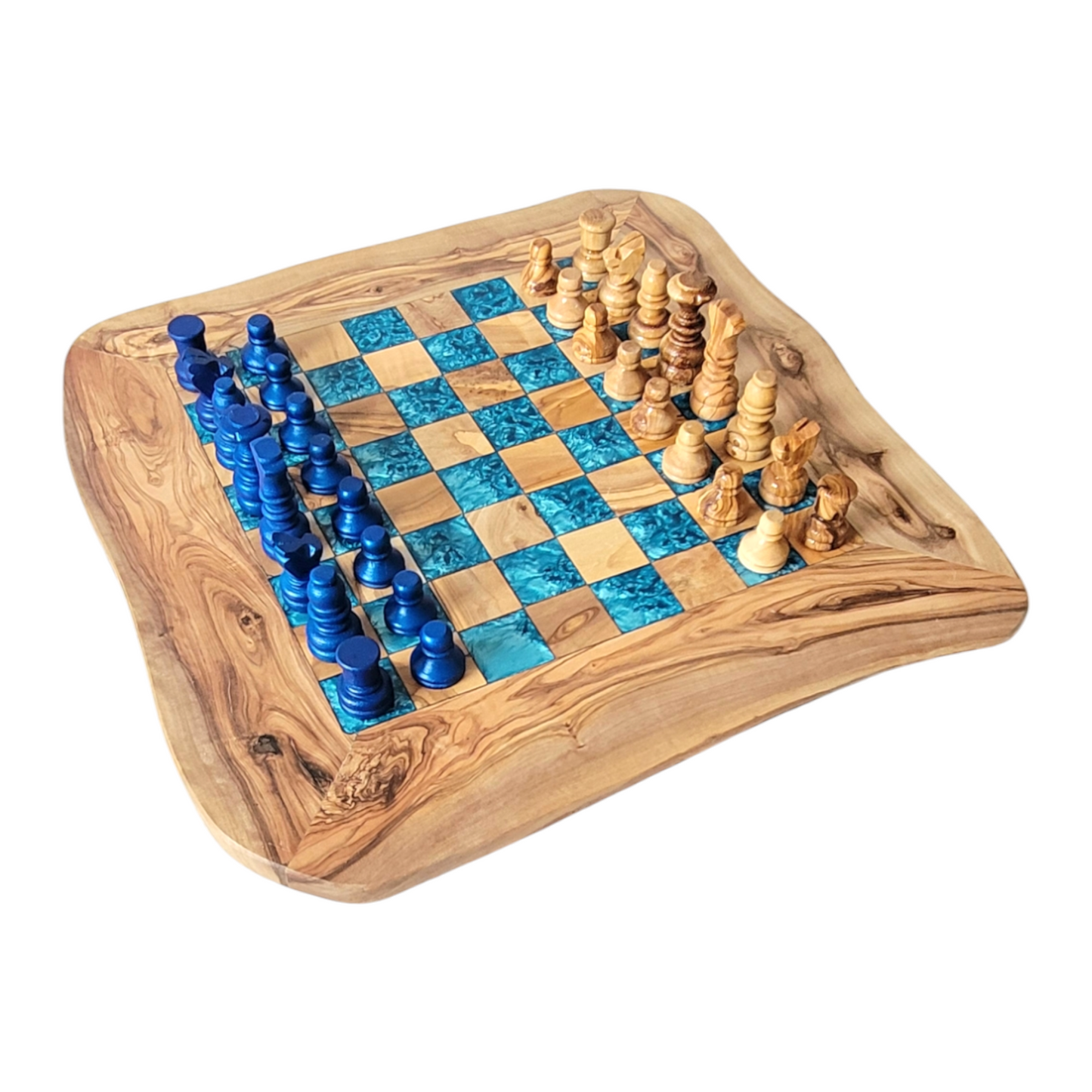 Olive Wood and blue Resin Chessboard with natural edges and Playing Pieces