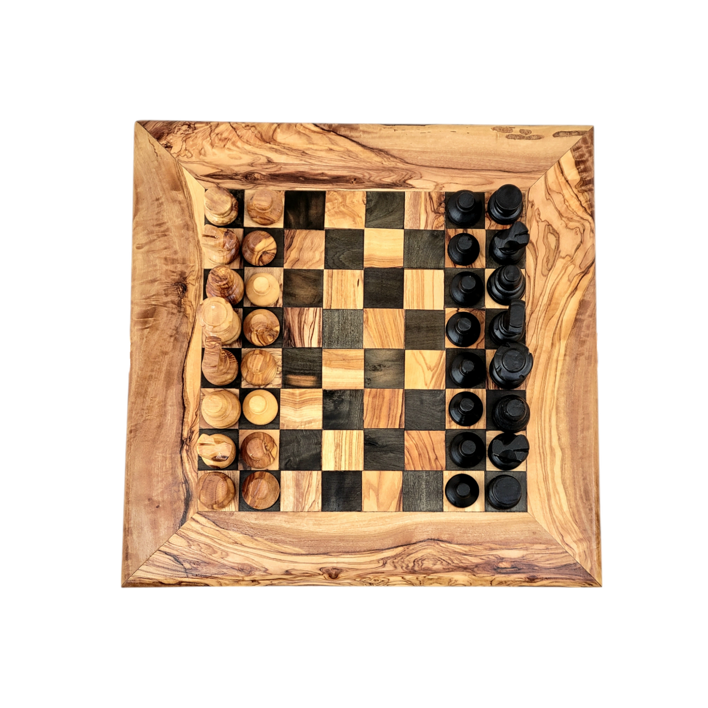 squared Olive Wood and Black Resin Chessboard and Playing Pieces