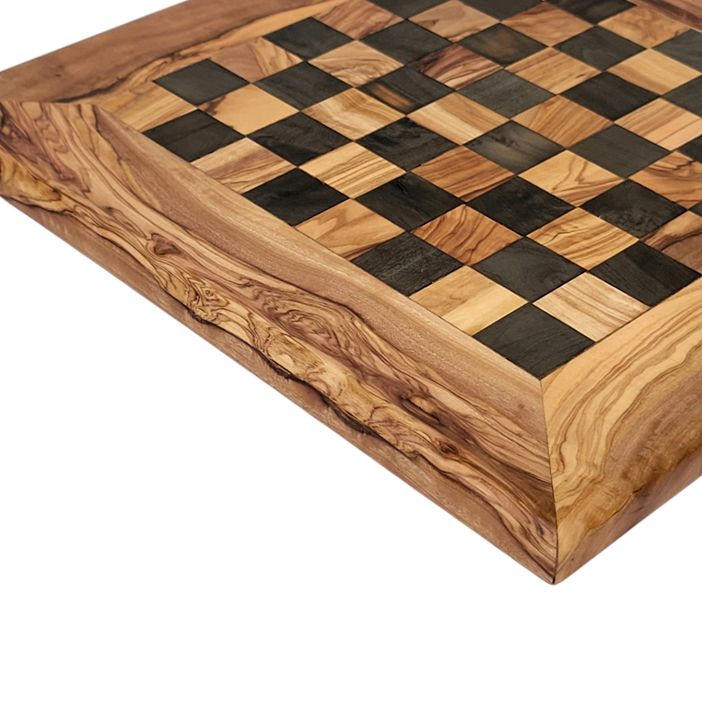 squared Olive Wood and Black Resin Chessboard and Playing Pieces