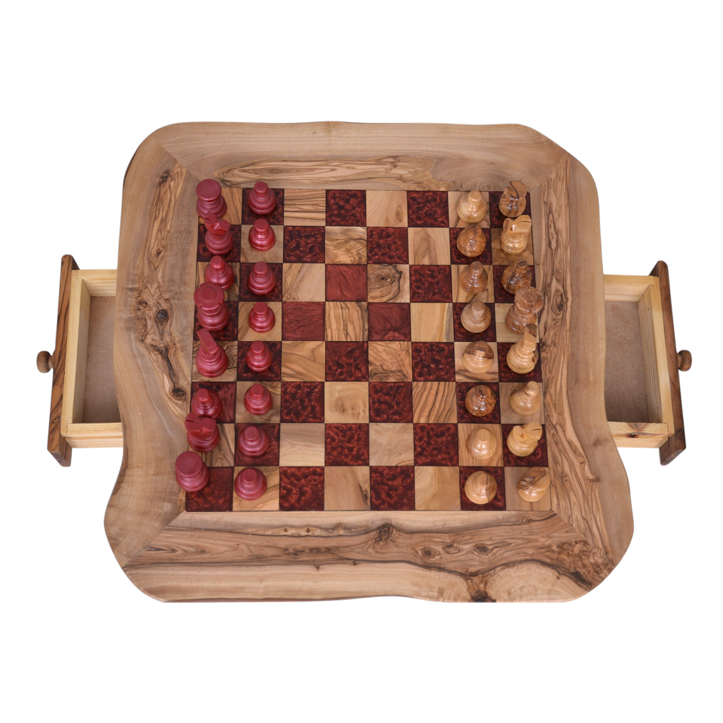 Olive Wood and Red Resin Chessboard with Storage Drawers and Playing Pieces