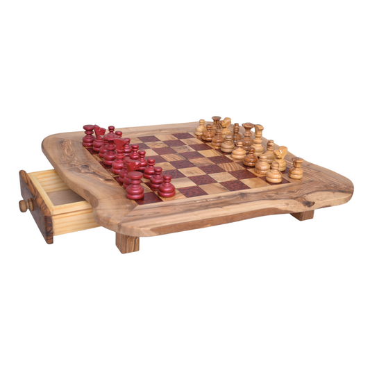 Olive Wood and Red Resin Chessboard with Storage Drawers and Playing Pieces