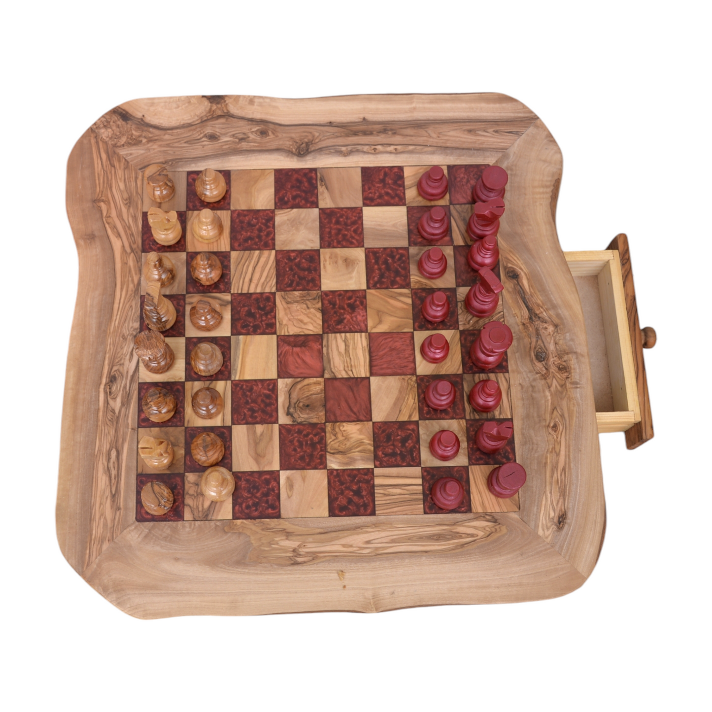 Olive Wood and Red Resin Chessboard with Storage Drawers and Playing Pieces