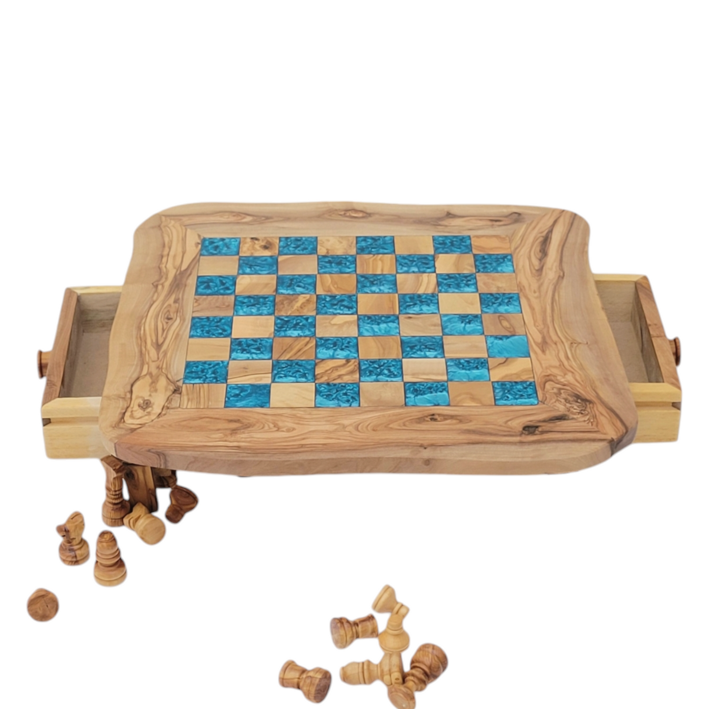 Olive Wood and blue Resin Chessboard with Storage Drawers and Playing Pieces