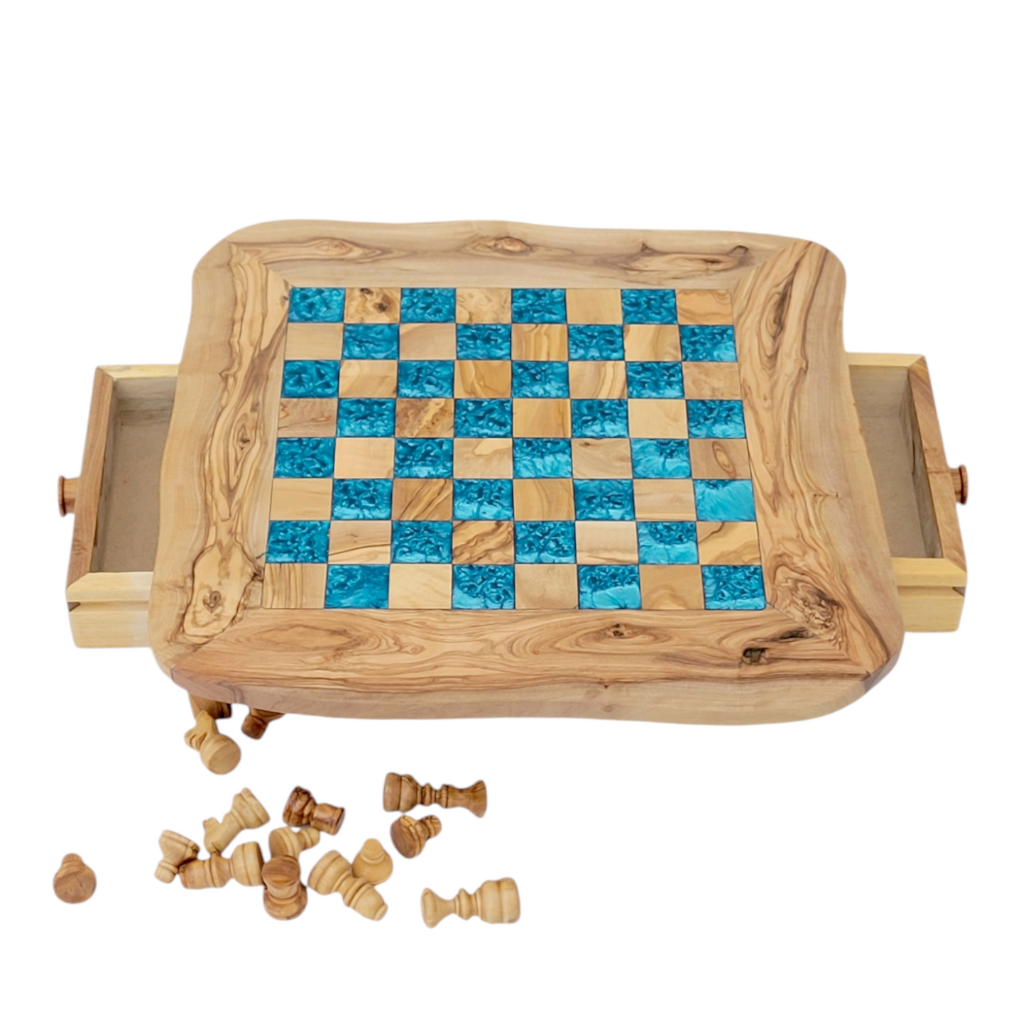 Olive Wood and blue Resin Chessboard with Storage Drawers and Playing Pieces