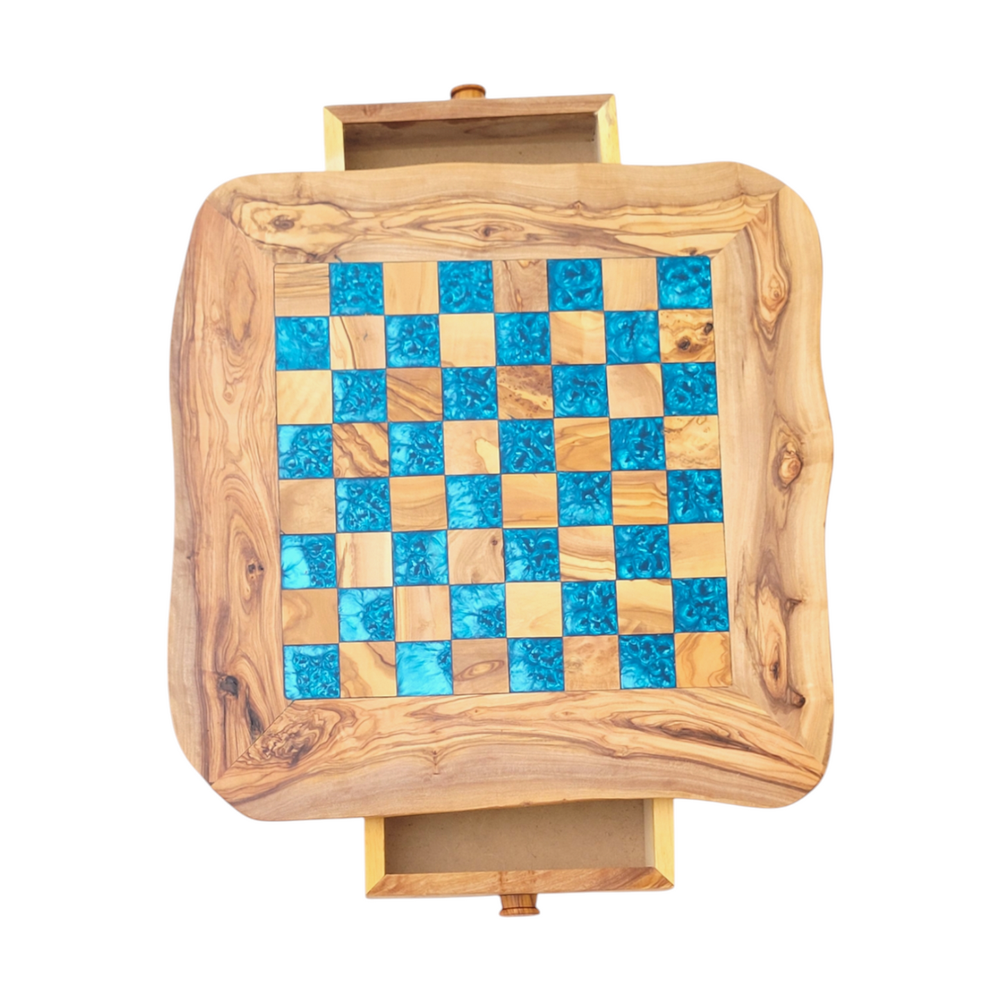 Olive Wood and blue Resin Chessboard with Storage Drawers and Playing Pieces