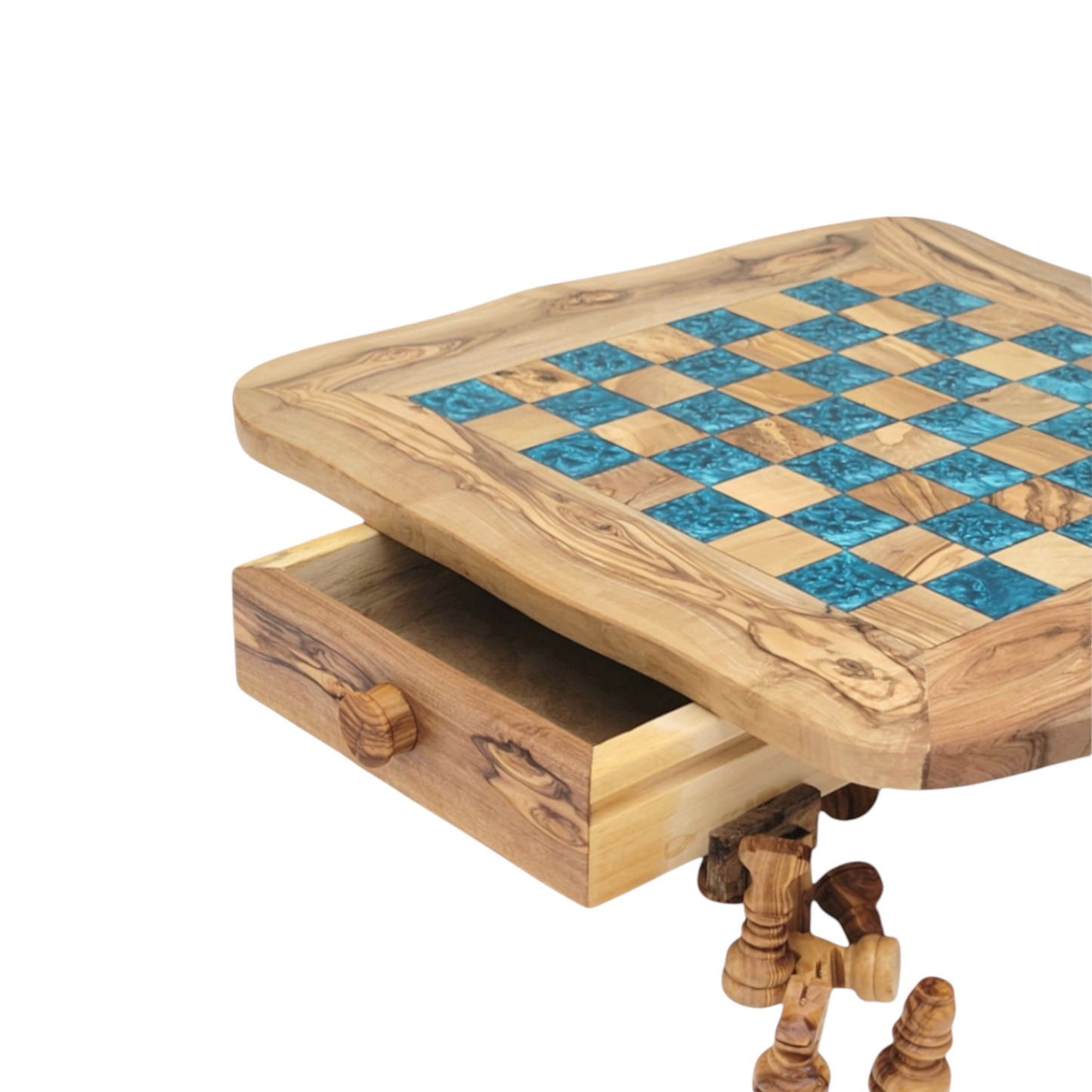 Olive Wood and blue Resin Chessboard with Storage Drawers and Playing Pieces