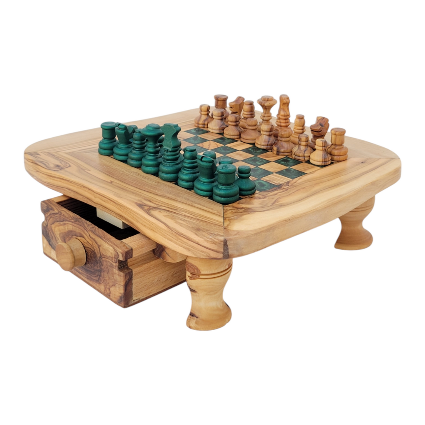 Olive Wood and Green Resin Chessboard with Storage Drawers and Playing Pieces