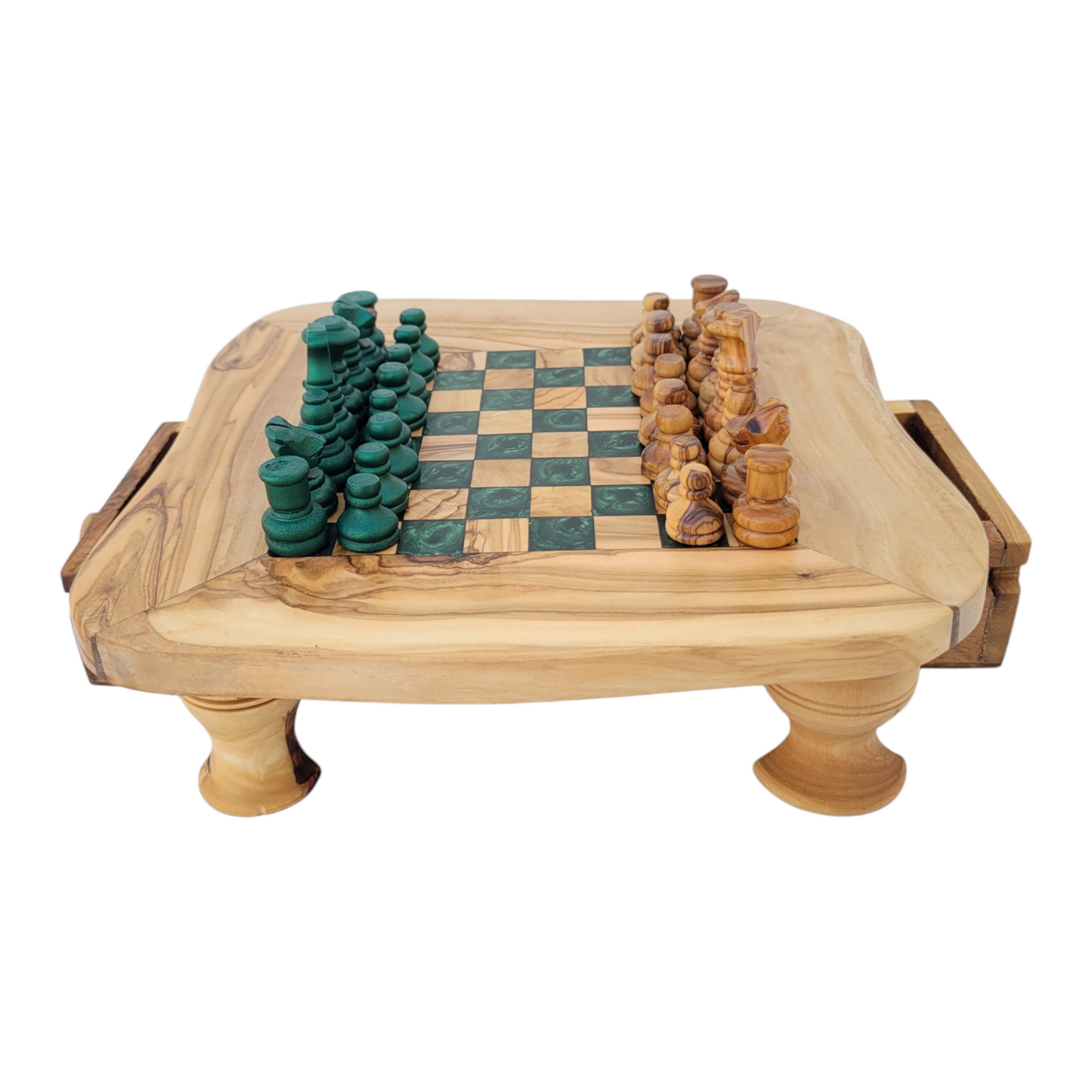 Olive Wood and Green Resin Chessboard with Storage Drawers and Playing Pieces