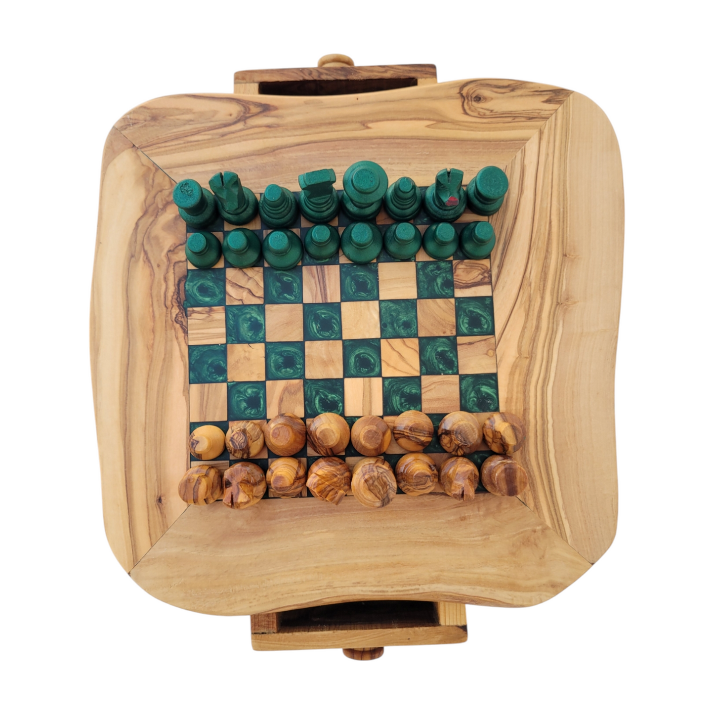 Olive Wood and Green Resin Chessboard with Storage Drawers and Playing Pieces