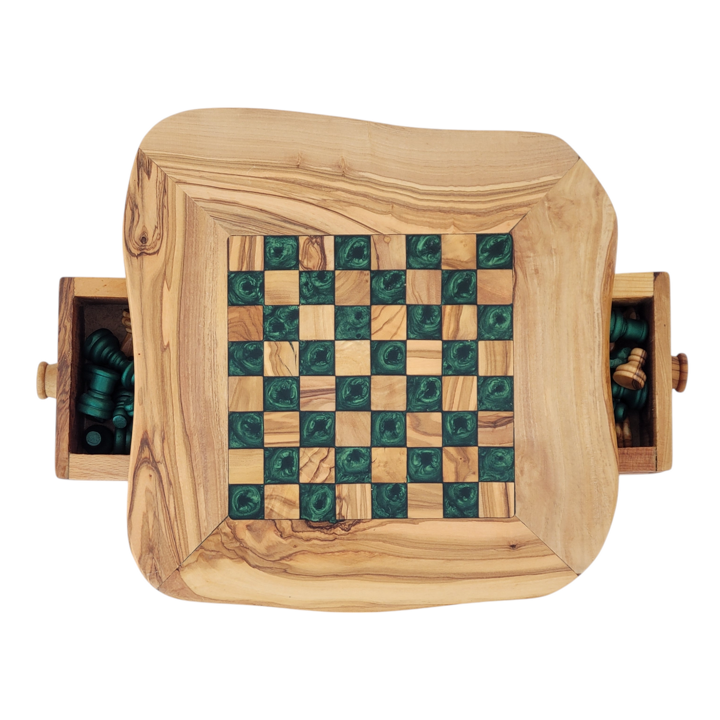 Olive Wood and Green Resin Chessboard with Storage Drawers and Playing Pieces