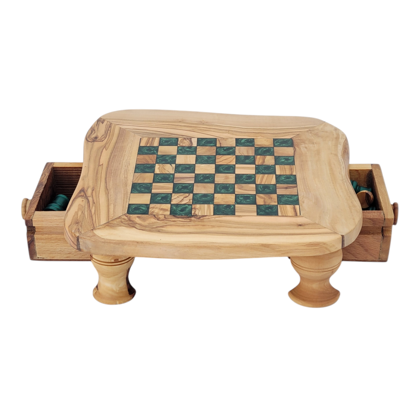 Olive Wood and Green Resin Chessboard with Storage Drawers and Playing Pieces