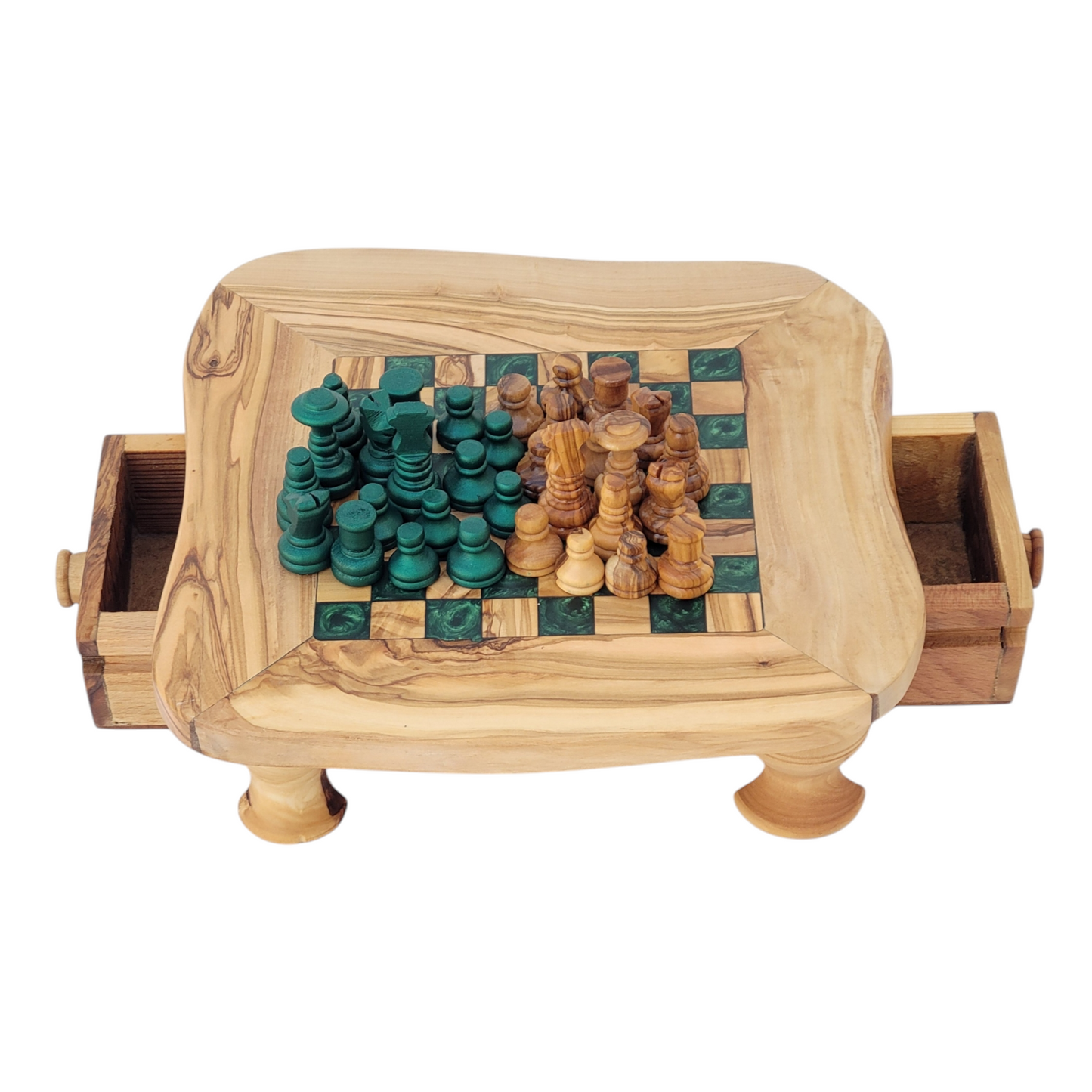 Olive Wood and Green Resin Chessboard with Storage Drawers and Playing Pieces