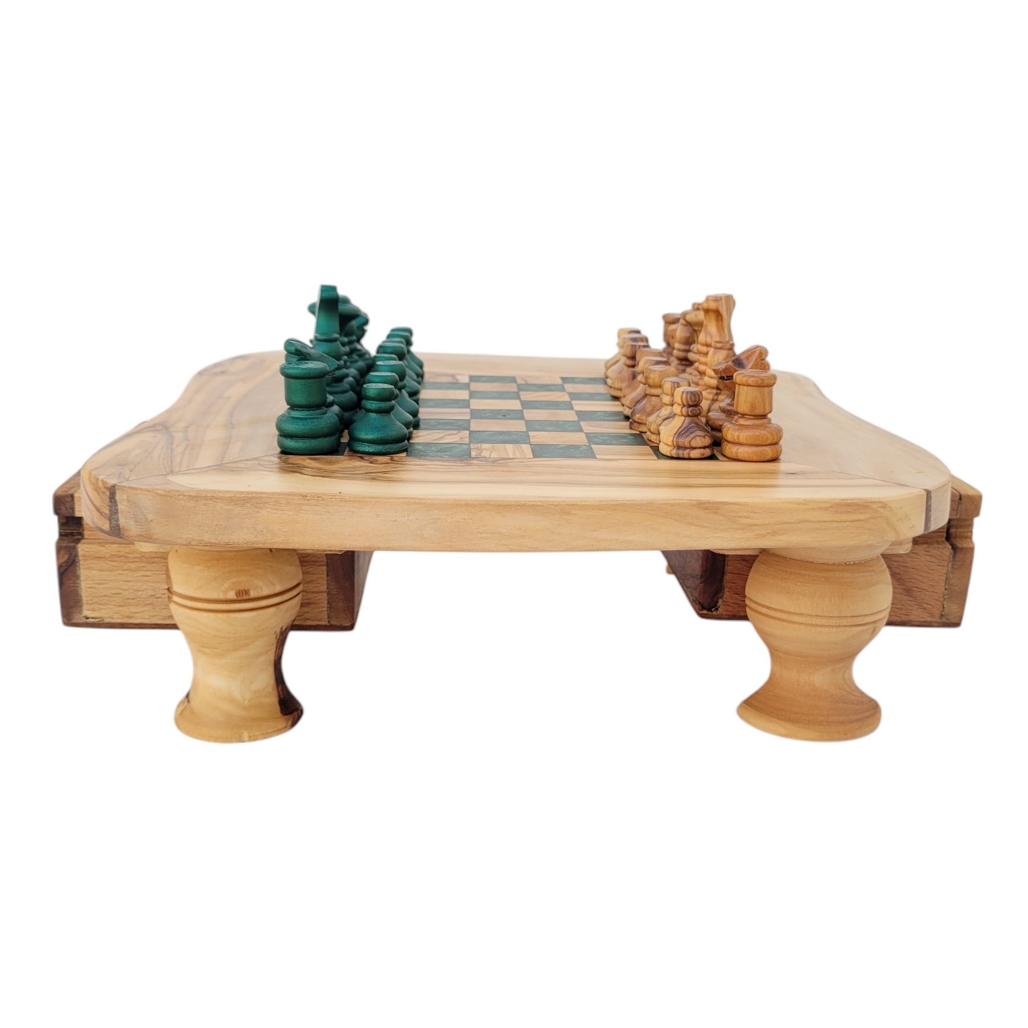 Olive Wood and Green Resin Chessboard with Storage Drawers and Playing Pieces