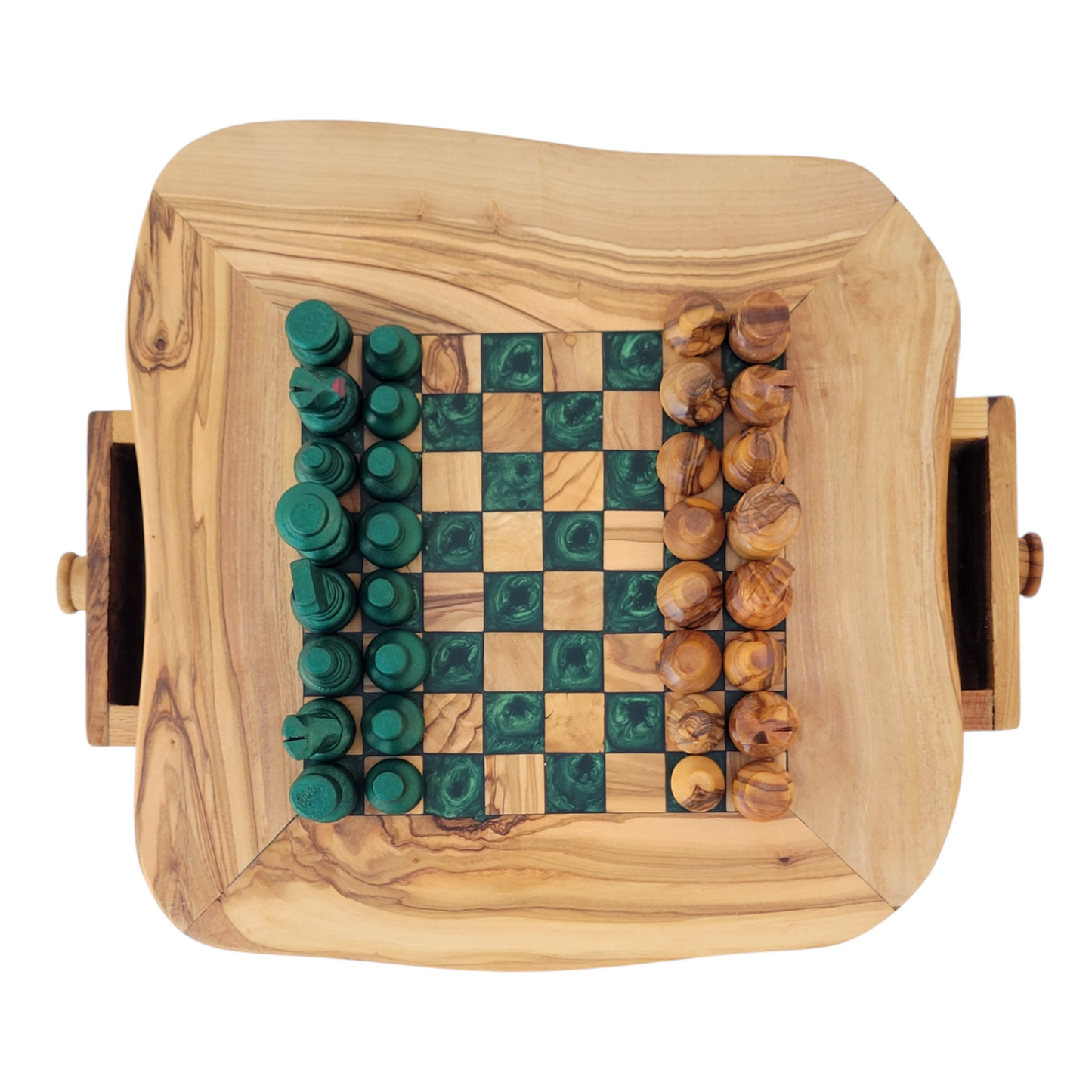 Olive Wood and Green Resin Chessboard with Storage Drawers and Playing Pieces