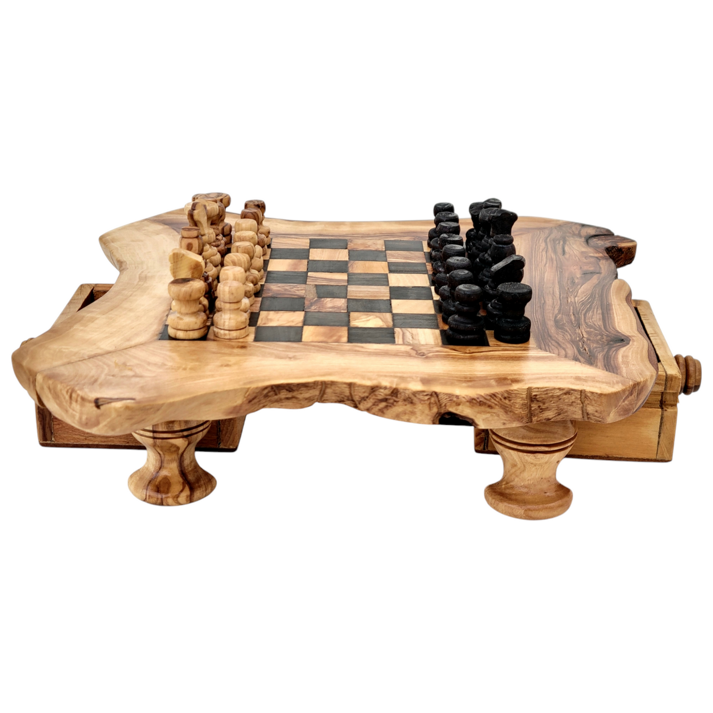 Personalized Olive Wood Chessboard with Storage Drawers and Playing Pieces