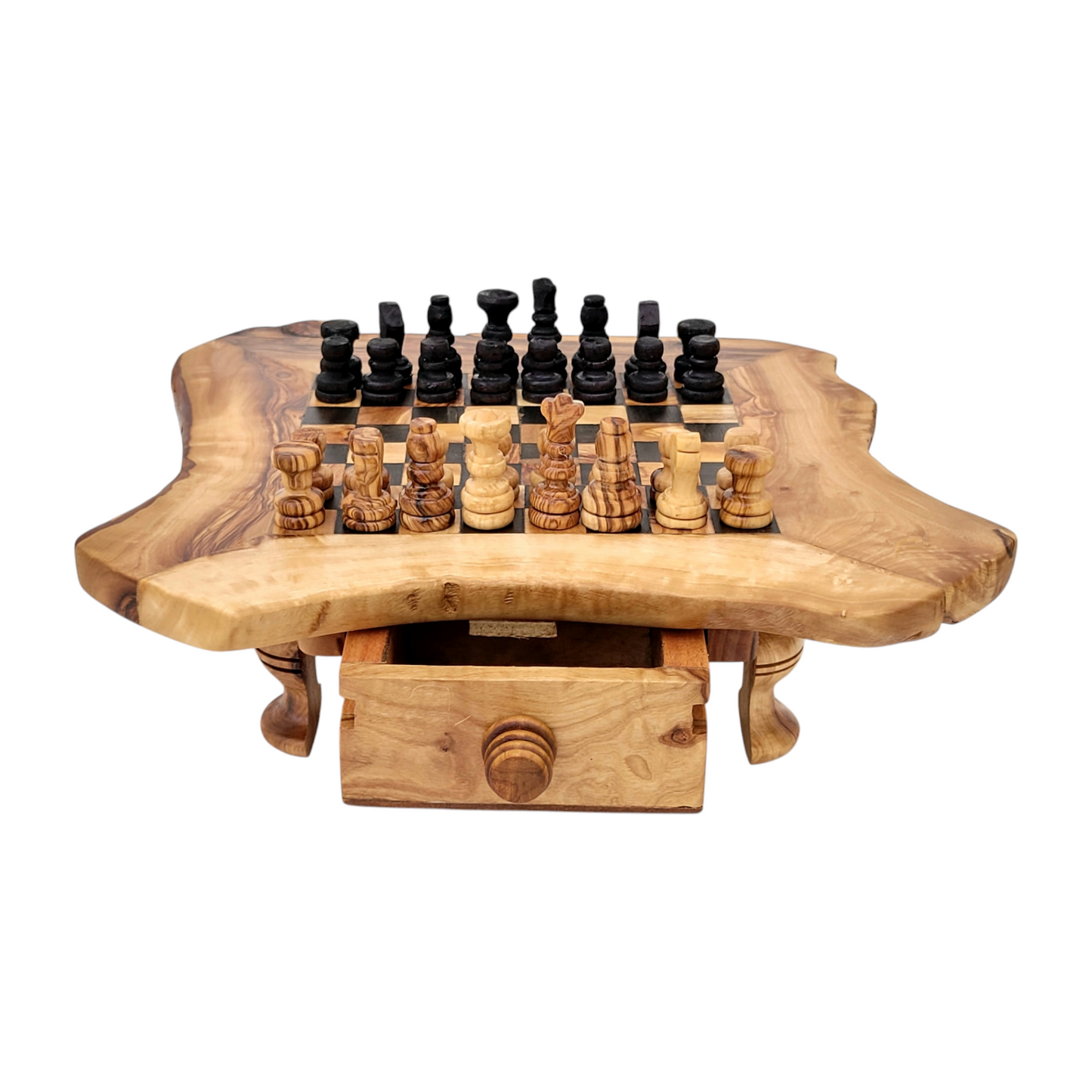 Personalized Olive Wood Chessboard with Storage Drawers and Playing Pieces