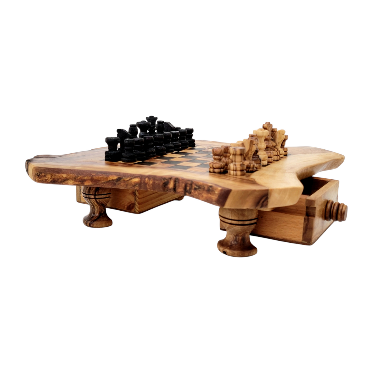 Personalized Olive Wood Chessboard with Storage Drawers and Playing Pieces