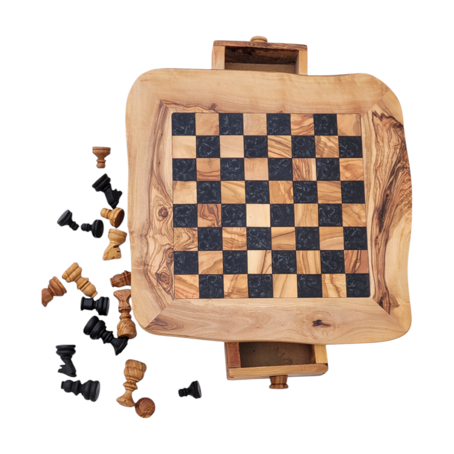 Olive Wood and Black Resin Chessboard with Storage Drawers and Playing Pieces