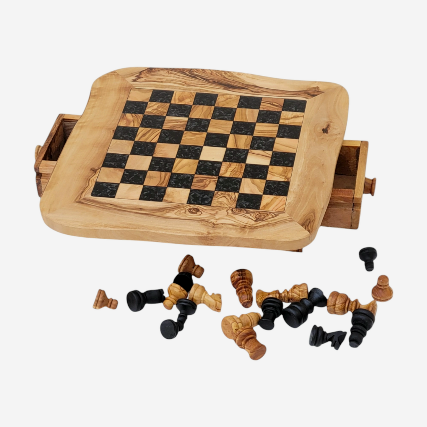 Olive Wood and Black Resin Chessboard with Storage Drawers and Playing Pieces