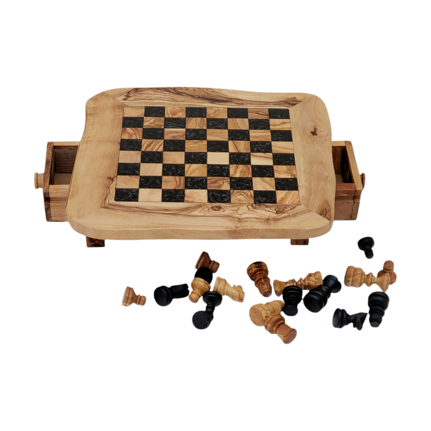 Olive Wood and Black Resin Chessboard with Storage Drawers and Playing Pieces