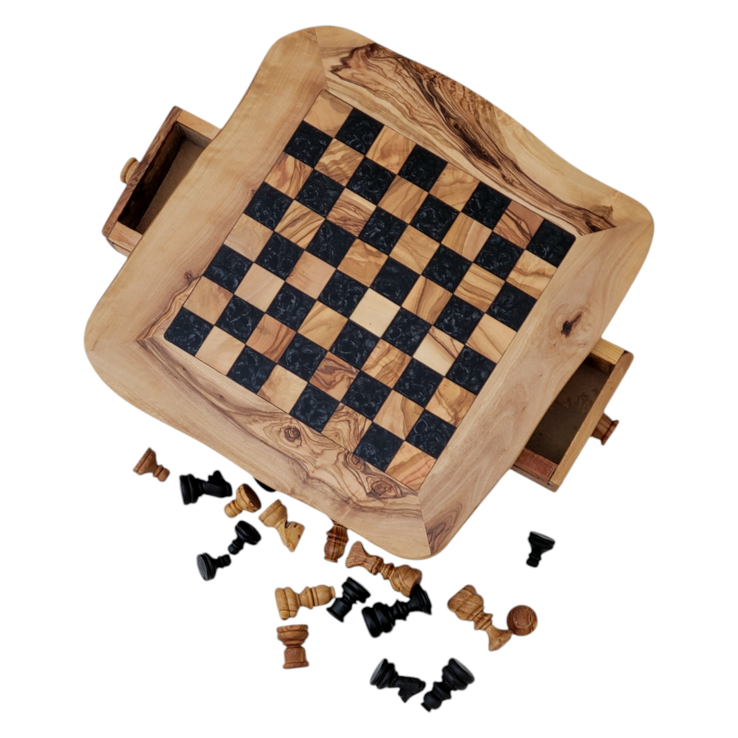 Olive Wood and Black Resin Chessboard with Storage Drawers and Playing Pieces