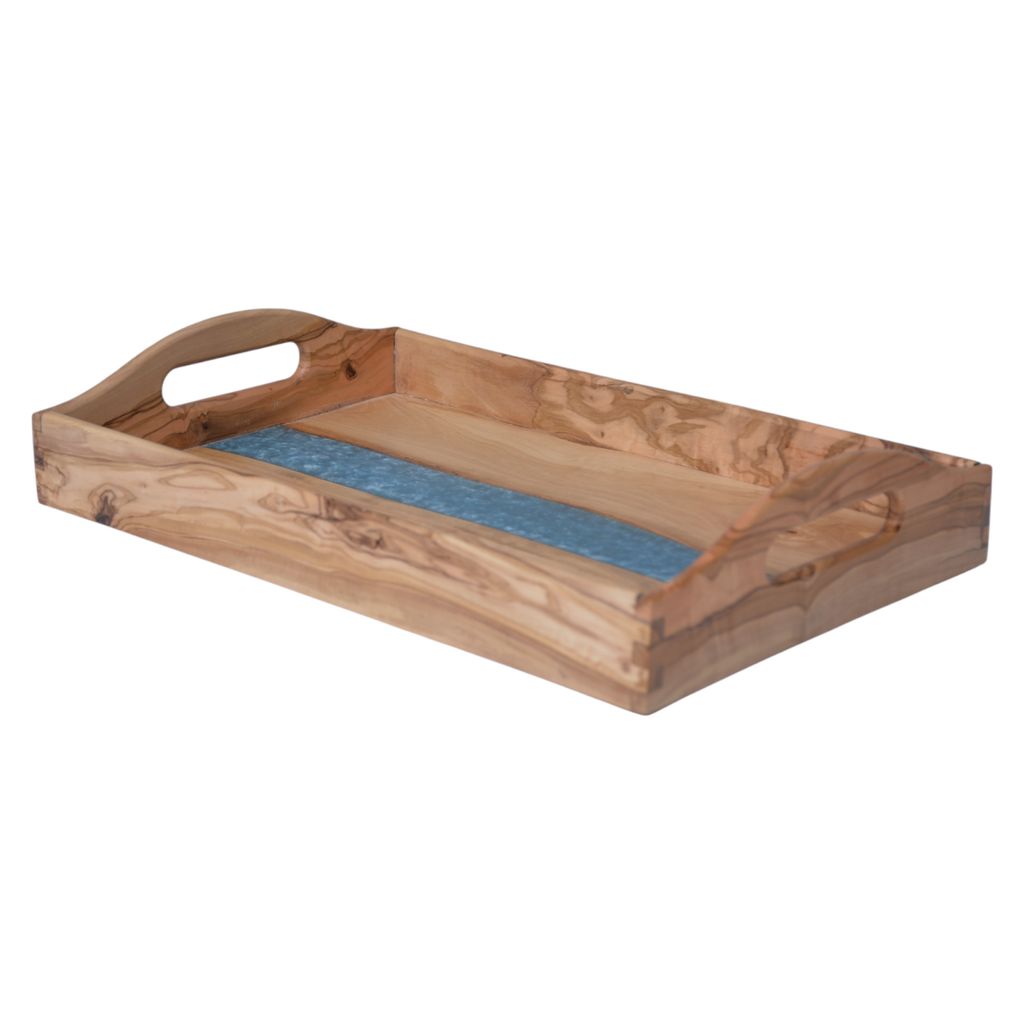 Personalized Luxury Olive Wood Serving Tray with Blue Resin Inlay