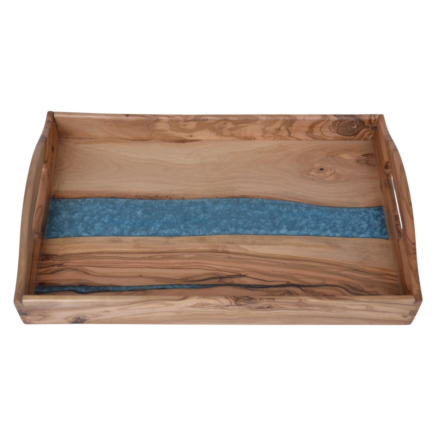 Personalized Luxury Olive Wood Serving Tray with Blue Resin Inlay