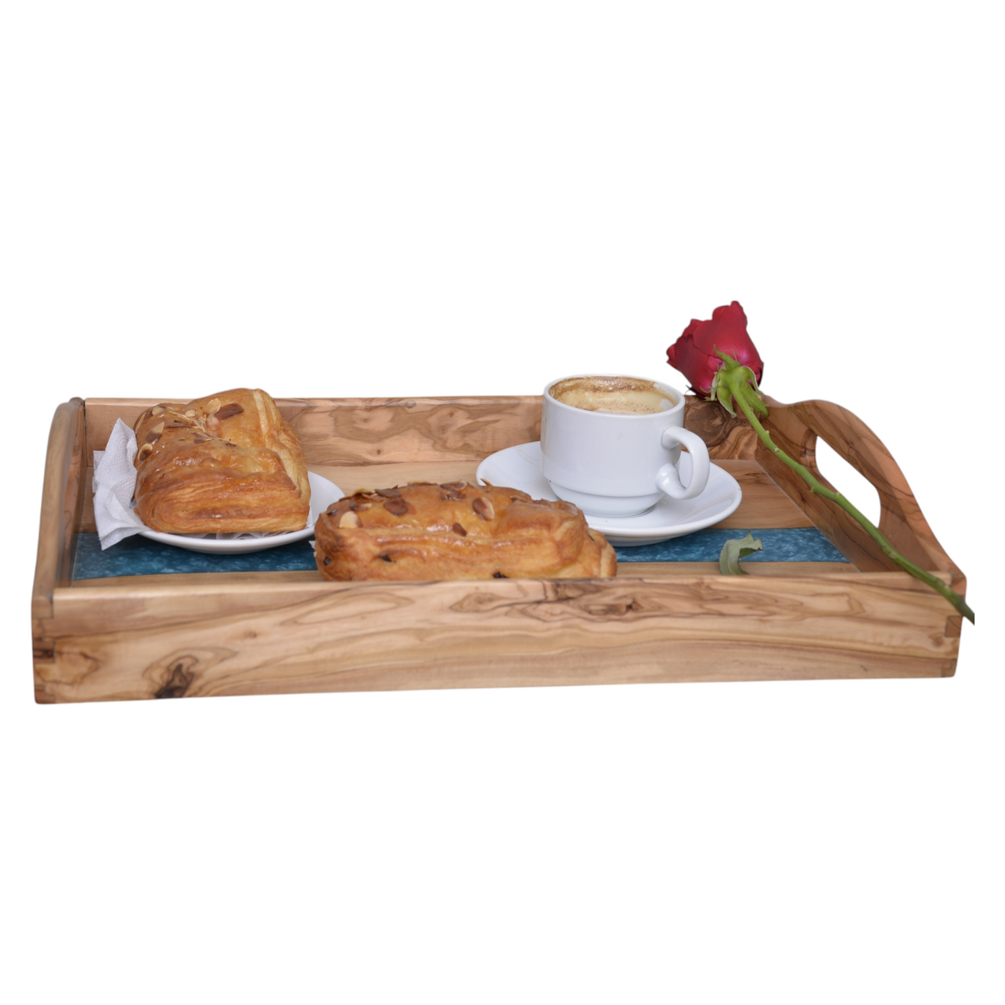 Personalized Luxury Olive Wood Serving Tray with Blue Resin Inlay