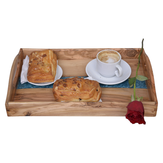 Personalized Luxury Olive Wood Serving Tray with Blue Resin Inlay