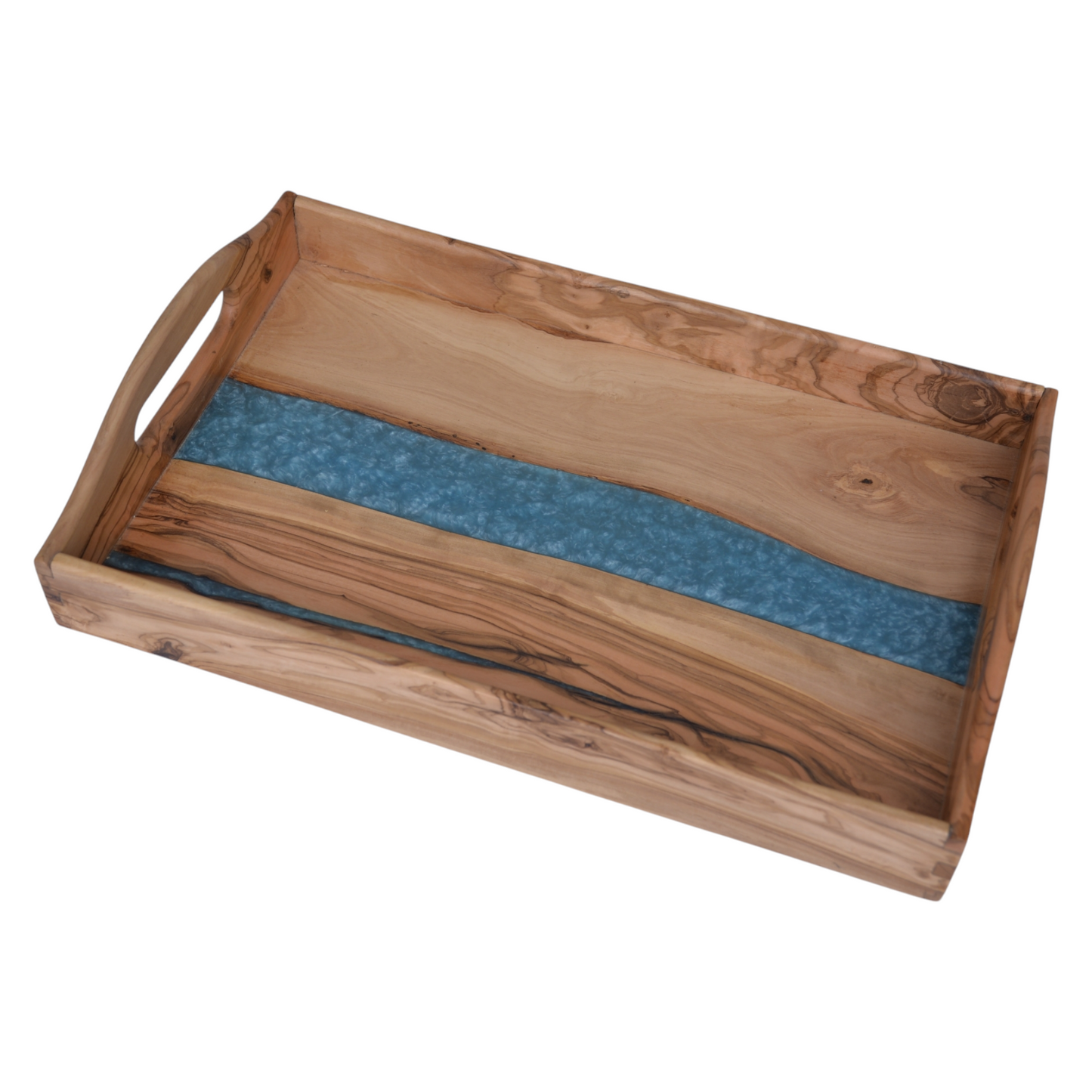 Personalized Luxury Olive Wood Serving Tray with Blue Resin Inlay