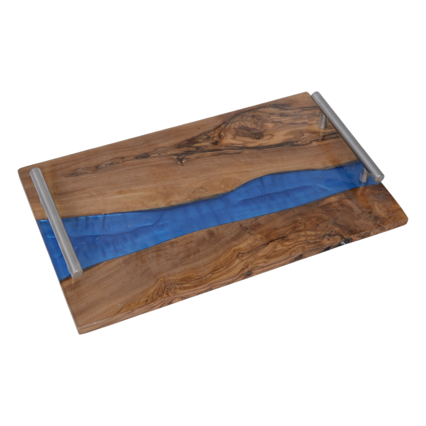 Personalized Handmade Olive Wood Serving Tray with Blue Epoxy River and Stainless Steel Handles - Unique Charcuterie Board Gift