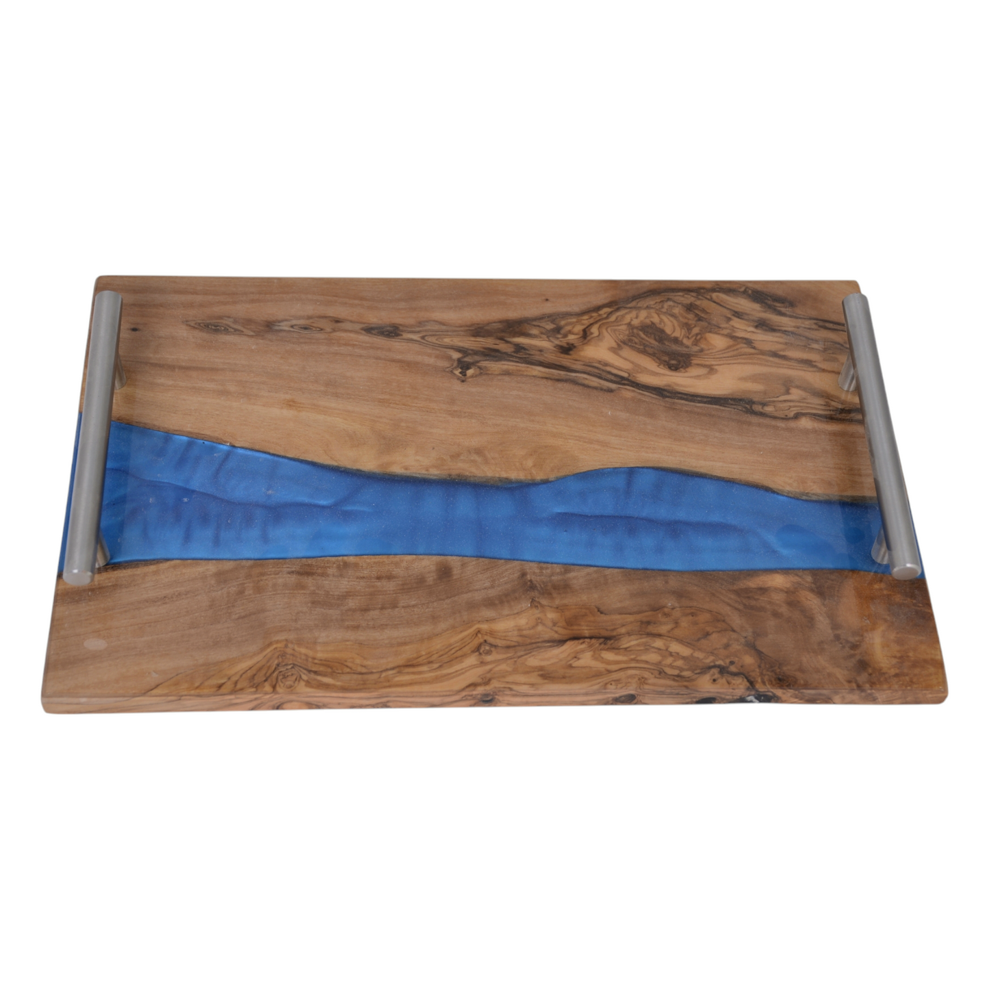 Personalized Handmade Olive Wood Serving Tray with Blue Epoxy River and Stainless Steel Handles - Unique Charcuterie Board Gift