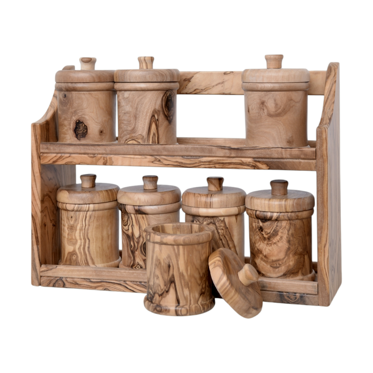 Handcrafted Olive Wood Spice Rack with 8 rounded Jars -  Wooden Kitchen Organizer - wooden spice jars