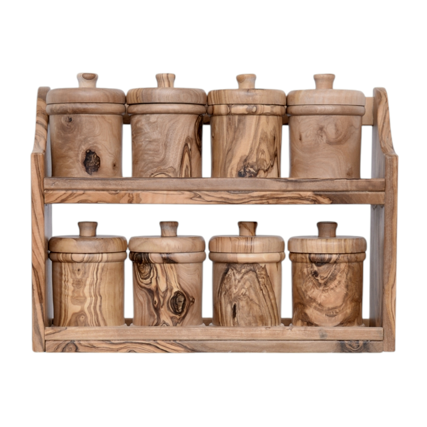 Handcrafted Olive Wood Spice Rack with 8 rounded Jars -  Wooden Kitchen Organizer - wooden spice jars