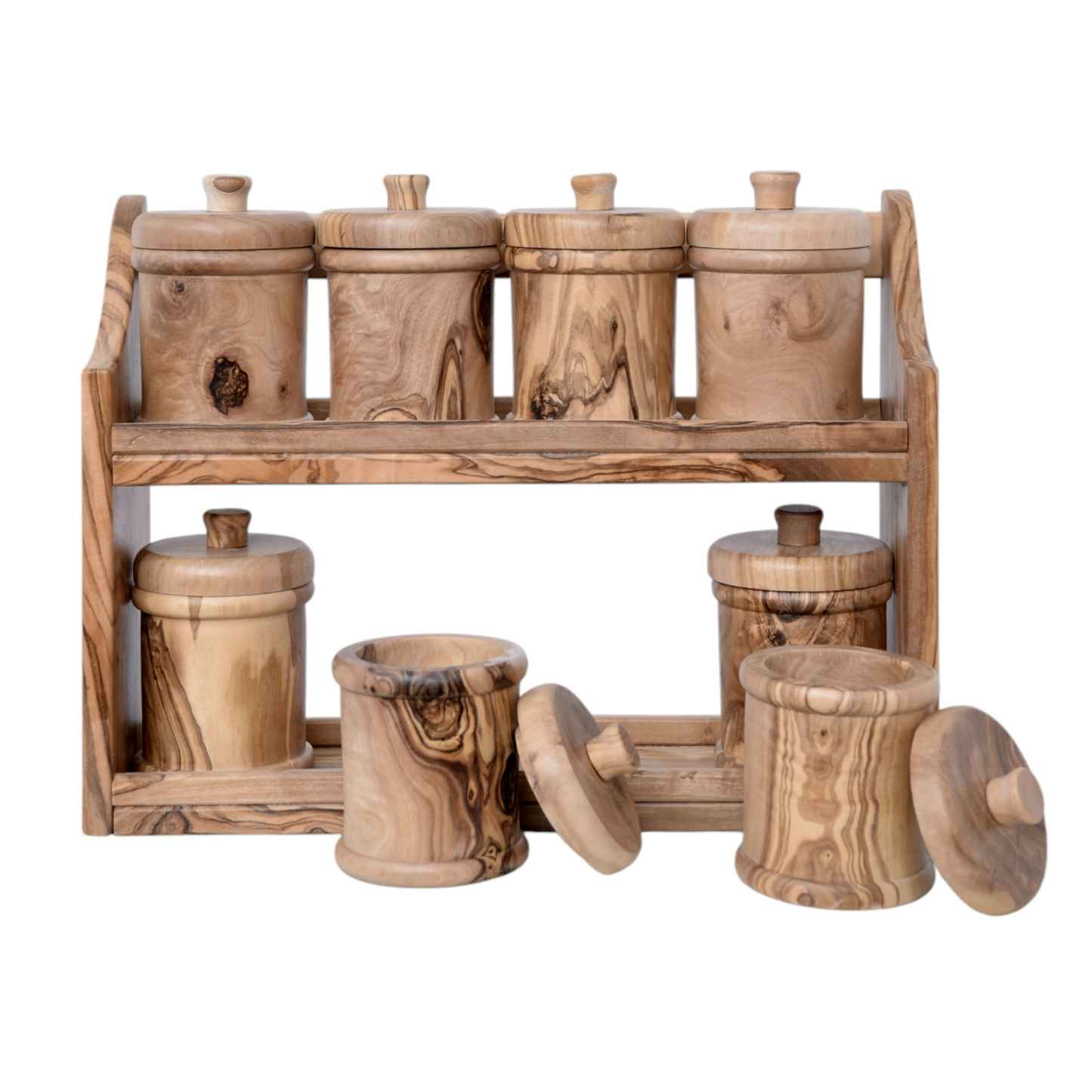 Handcrafted Olive Wood Spice Rack with 8 rounded Jars -  Wooden Kitchen Organizer - wooden spice jars