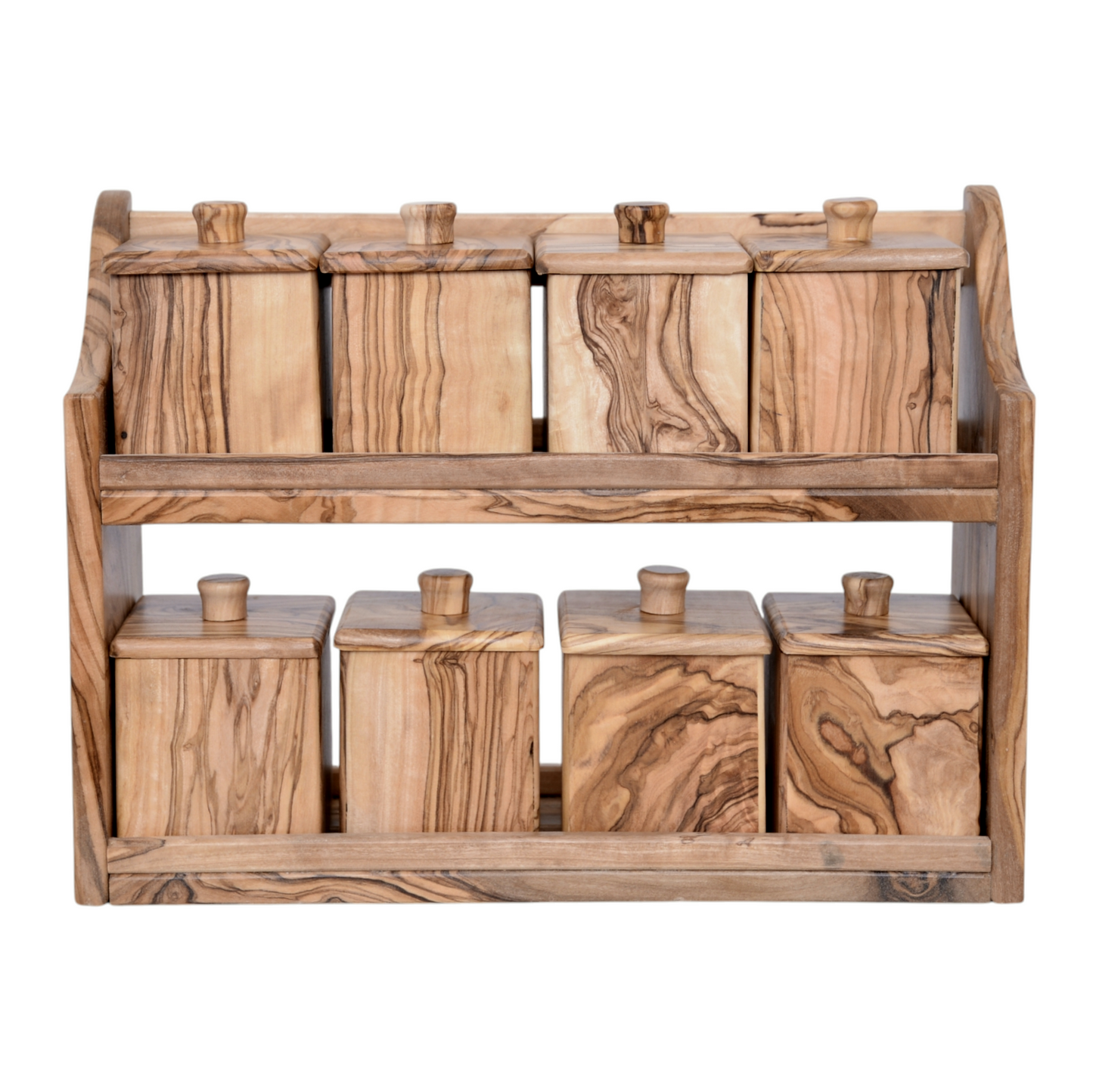 Handcrafted Olive Wood Spice Rack with 8 squared Jars -  Wooden Kitchen Organizer - wooden spice jars