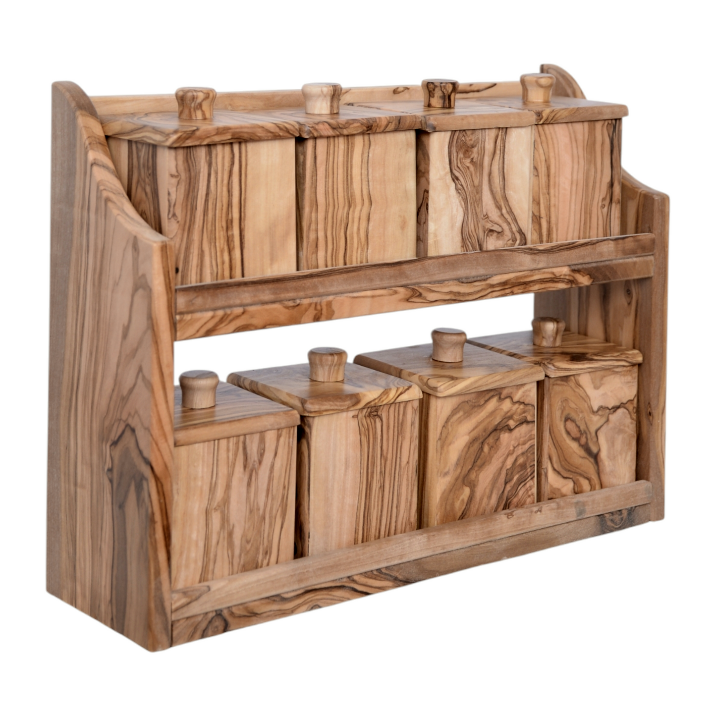 Handcrafted Olive Wood Spice Rack with 8 squared Jars -  Wooden Kitchen Organizer - wooden spice jars