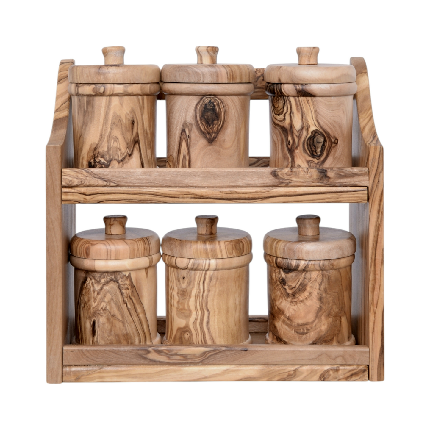 Handcrafted Olive Wood Spice Rack with 6 rounded Jars -  Wooden Kitchen Organizer - wooden spice jars