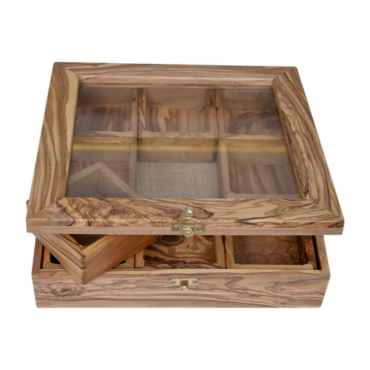 Handcrafted Olive Wood Tea & spices Box with 9 Compartments - Elegant Tea Organizer - spices organizer