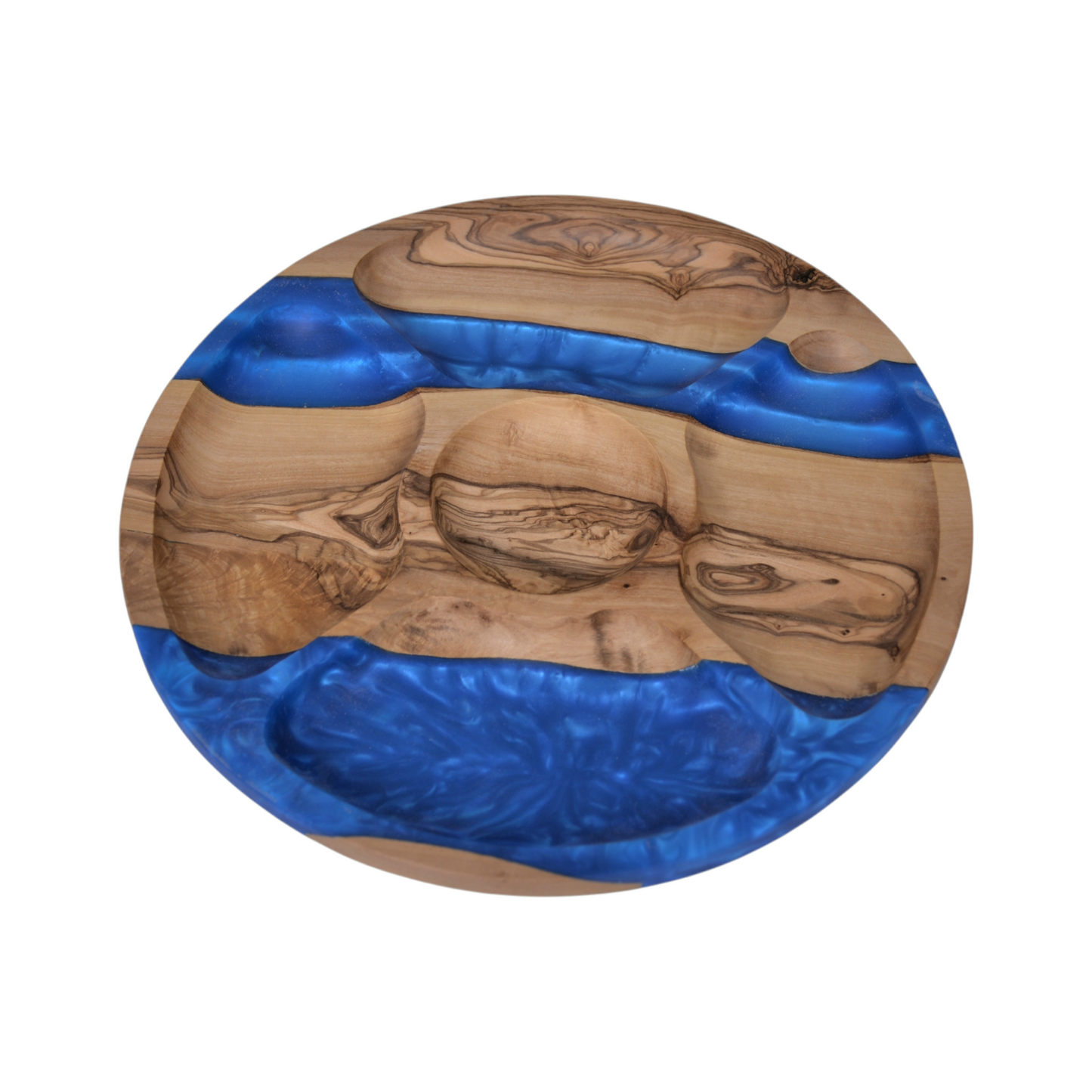 Handmade Olive Wood and Blue Resin Serving Platter – Unique Charcuterie Tray, Decorative Wooden Plate for Entertaining and Gifting