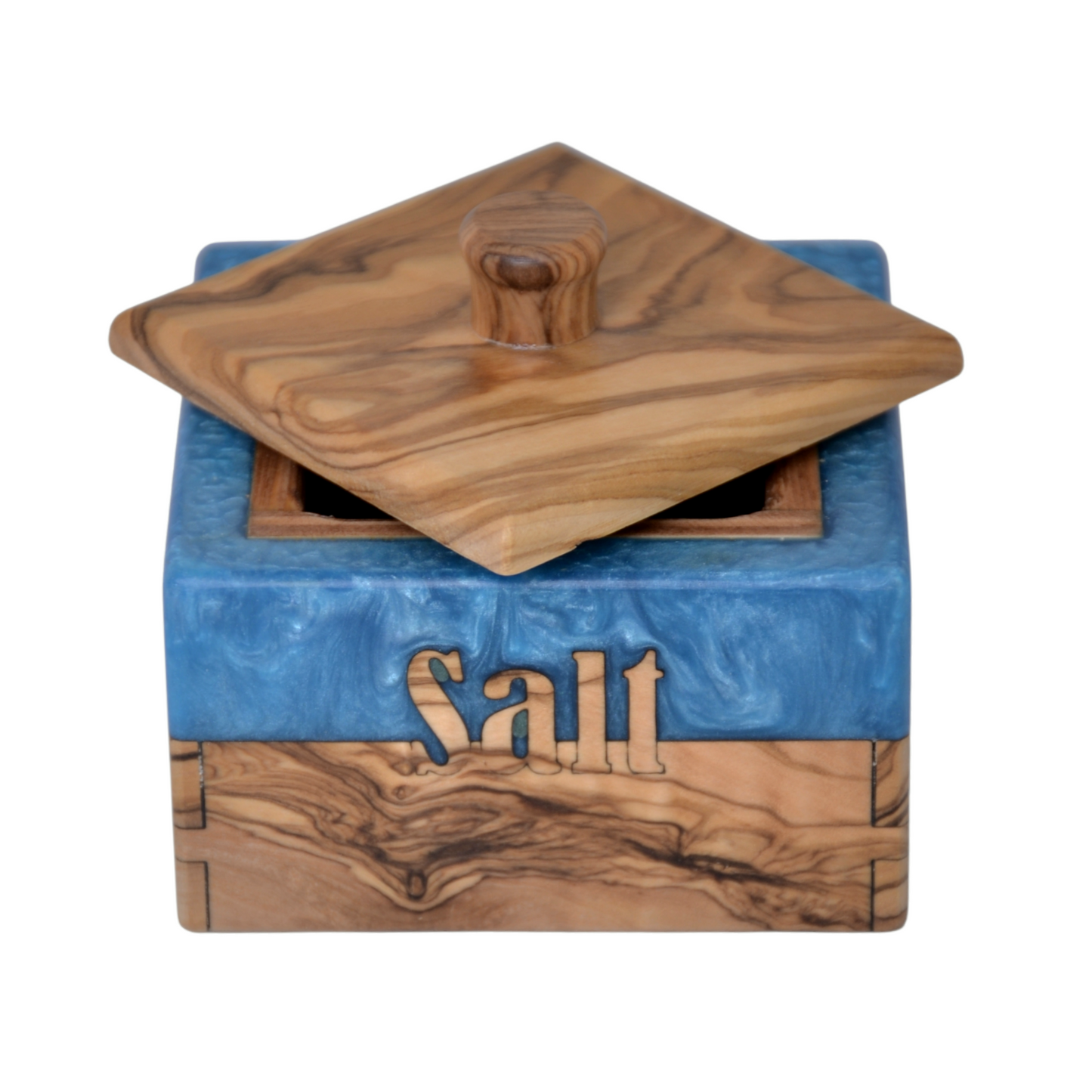 Handcrafted Olive Wood Salt and Pepper Box with Resin Inlay - Rustic Kitchen Spice Holder, Dual Compartment Storage.