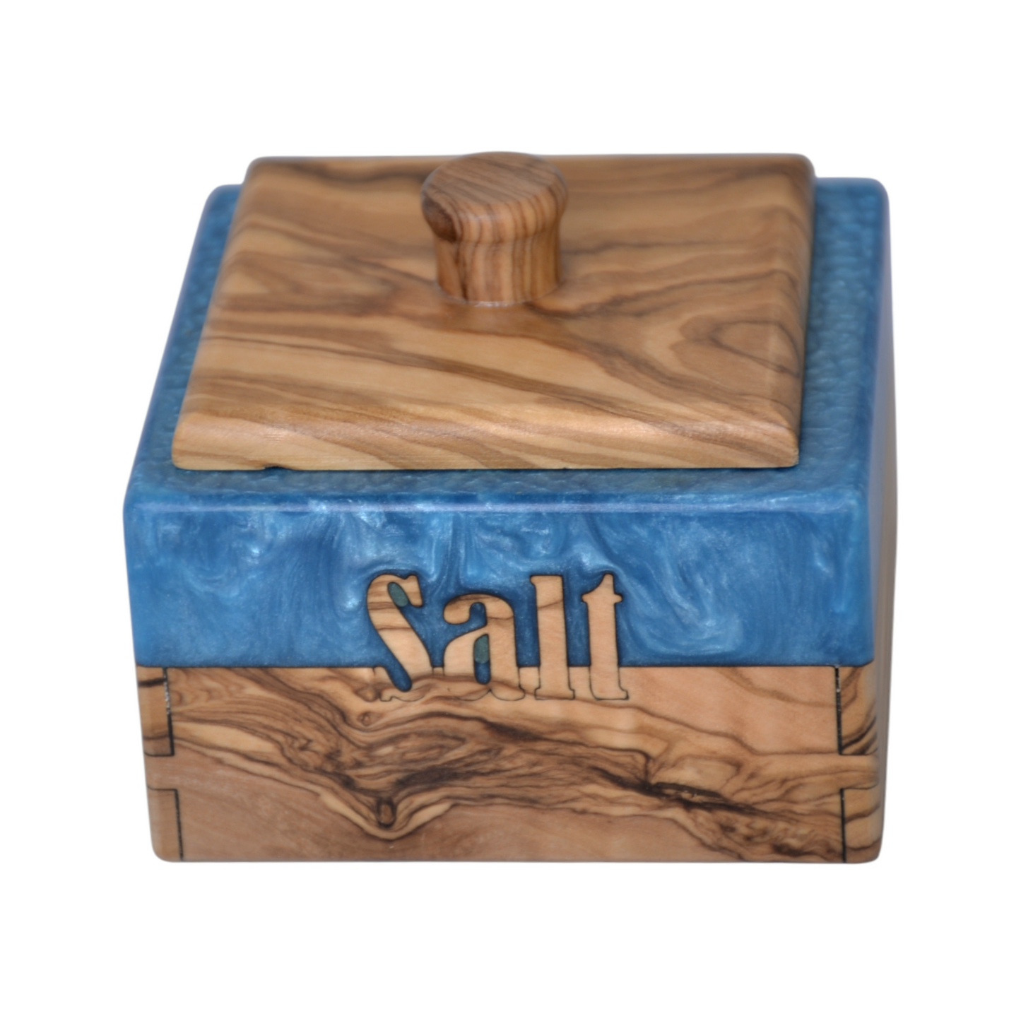 Handcrafted Olive Wood Salt and Pepper Box with Resin Inlay - Rustic Kitchen Spice Holder, Dual Compartment Storage.