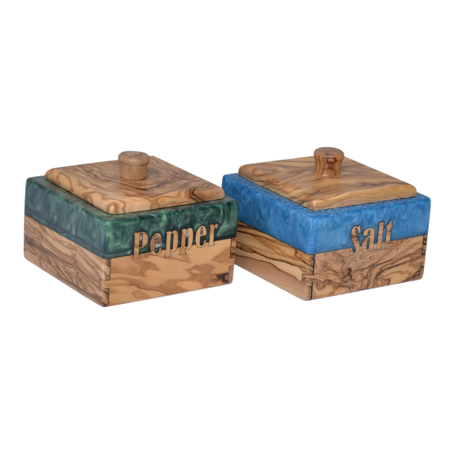 Handcrafted Olive Wood Salt and Pepper Box with Resin Inlay - Rustic Kitchen Spice Holder, Dual Compartment Storage.