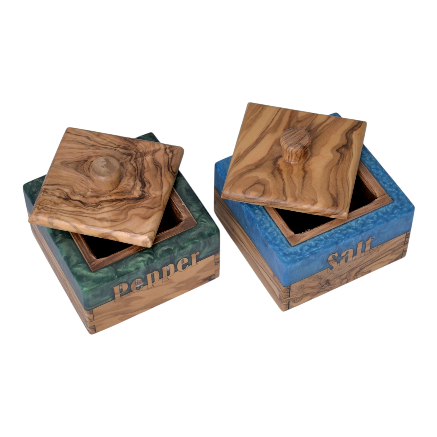 Handcrafted Olive Wood Salt and Pepper Box with Resin Inlay - Rustic Kitchen Spice Holder, Dual Compartment Storage.