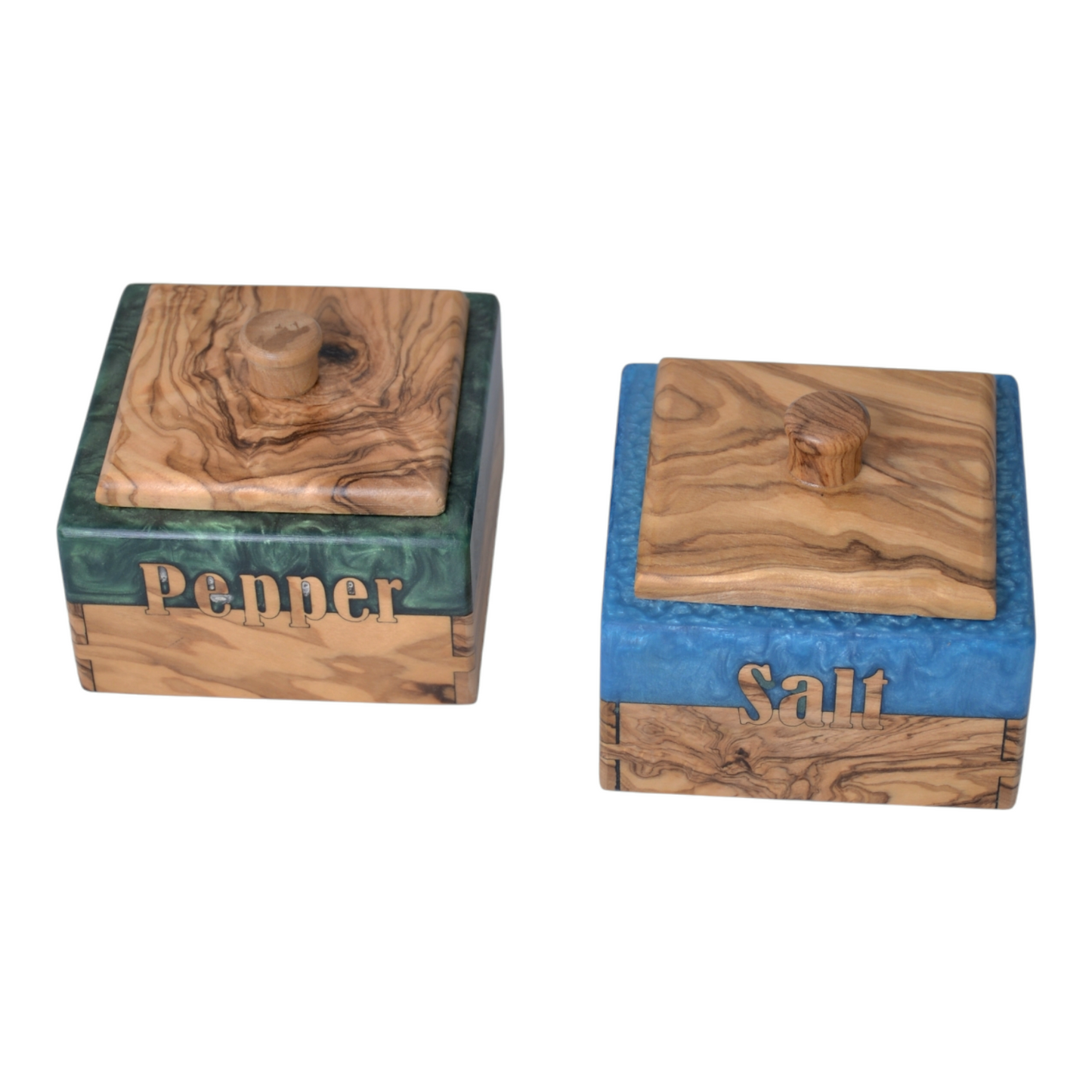 Handcrafted Olive Wood Salt and Pepper Box with Resin Inlay - Rustic Kitchen Spice Holder, Dual Compartment Storage.